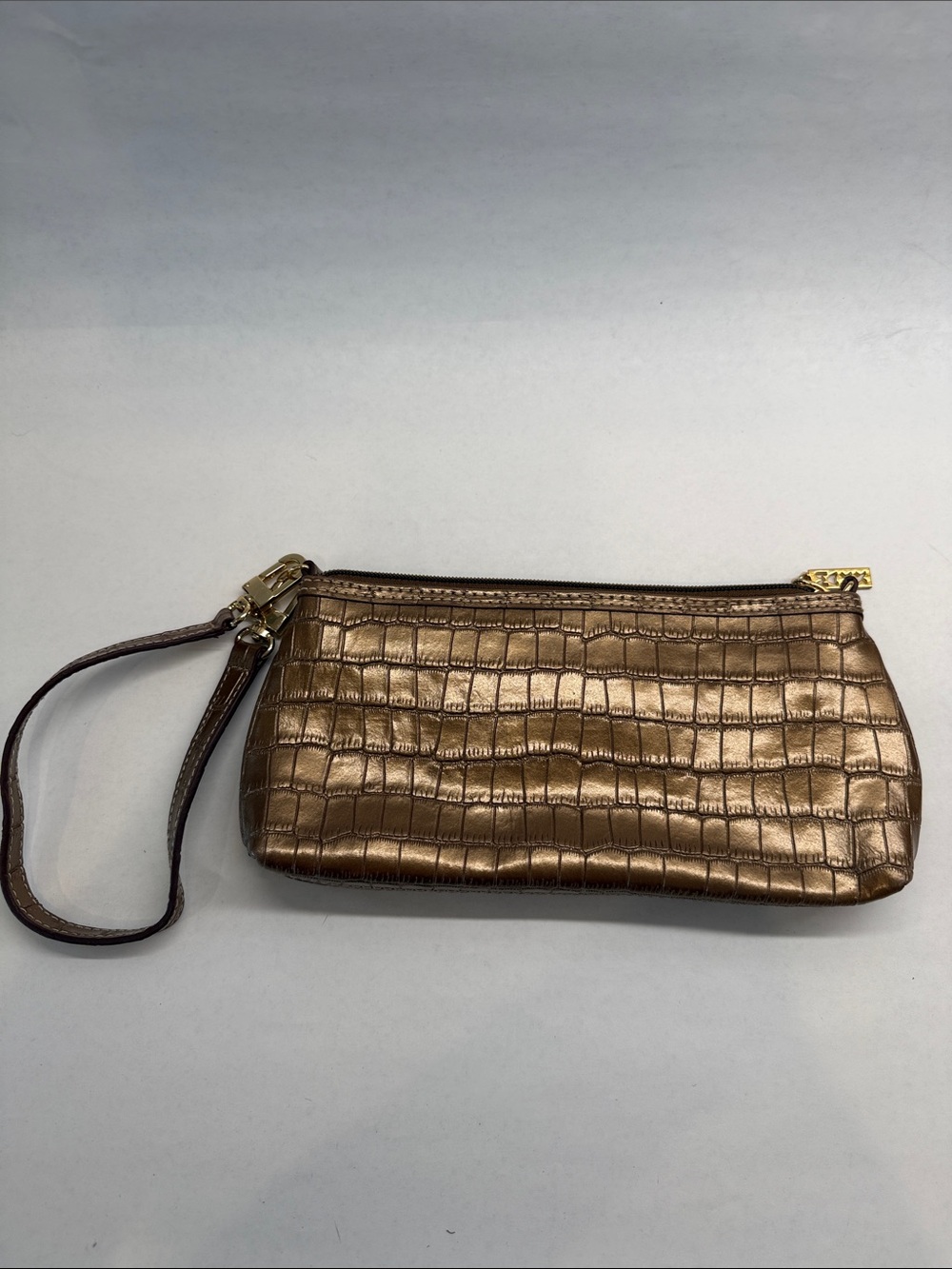 MAXX Metallic Bronze Croc-Embossed Wristlet Clutch